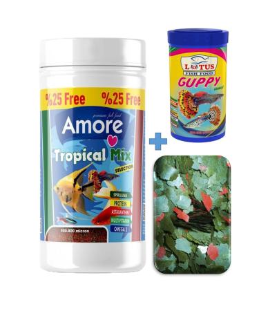 AMORE Tropical Mix Selection 125ml Sera Flora 30gr Lotus Guppy 100ml Tropical Fish Food Set