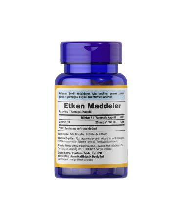 Puritan's Pride Vitamin D3 25 Mcg 1000 Iu 100 Softgels - Buy Online on GoSupps.com