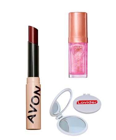 Avon Tinted Lip Balm Plum + Shimmering Petal Shimmering Lip Oil + Lovider Pocket Mirror