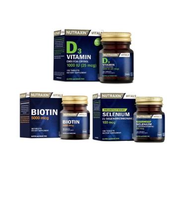Nutraxin Biotin Hair Vitamin 30 Tablets Selenium 100mcg 100 Tablets Vitamin D3 120 Tablets