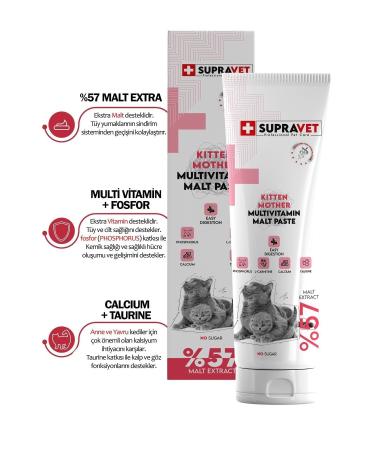 Supravet Calcium and Taurine Multi Vitamin Cat Paste for Pregnant and Kitten Cats 100 Gr. (W Extra Malt)