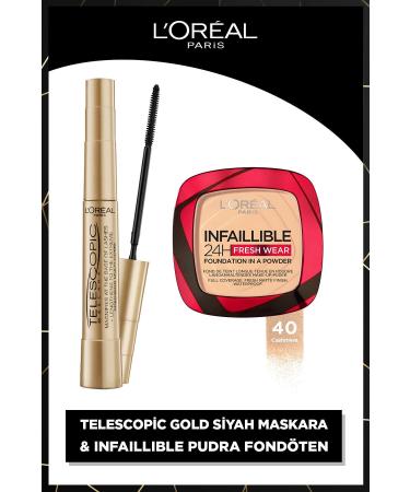 L'Oreal Paris Telescopic Gold Black Mascara & Infaillible 24h Fresh Wear Powder Foundation 40 Cashmere