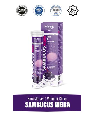 Happy Cure Sambucus Nigra 20 Effervescent Tablets (Black Elderberry Vitamin C Zinc)