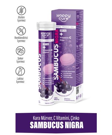 Happy Cure Sambucus Nigra 20 Effervescent Tablets (Black Elderberry Vitamin C Zinc) - Buy Online on GoSupps.com