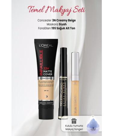 L'Oreal Paris Loreal Paris 32H Matte Foundation 155 True Concealer 3N Telescopic Carbon Black and Makeup Sponge Ma