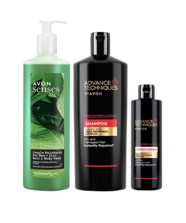Avon Advance Techniques Repair Shampoo Conditioner and Men's Hair and Body Wash Bundle
