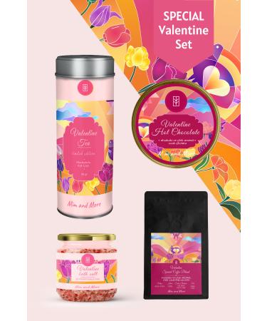 Mim and More Valentine Tea & Hot Chocolate & Raspberry and Strawberry Flavored Filter & Bath Salt Set of 4