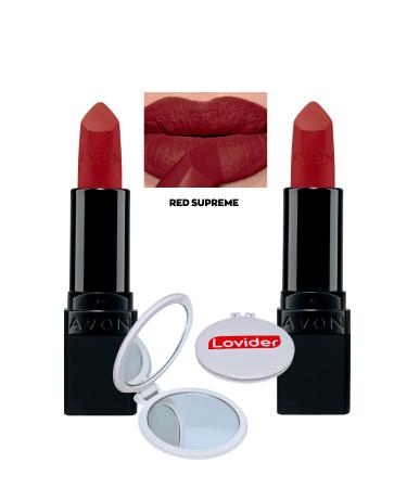 Avon Ultra Matte Lipstick Red Supreme 2 Pack + Lovider Pocket Mirror Gift