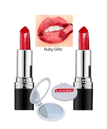 Avon Ultra Shimmer Lipstick Ruby Glitz 2 Pack + Lovider Pocket Mirror