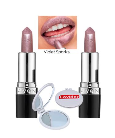 Avon Ultra Shimmer Shimmer Lipstick Violet Sparks 2 Pack + Lovider Pocket Mirror