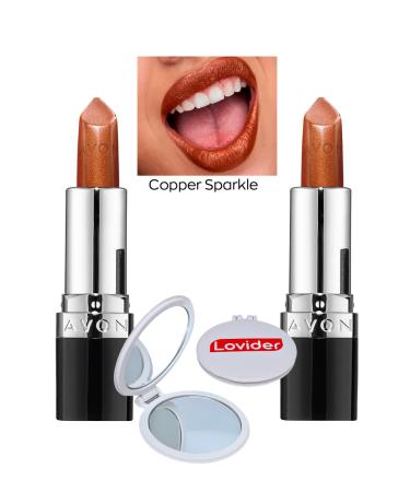 Avon Ultra Shimmer Shimmer Lipstick Copper Sparkle 2 Pack + Lovider Pocket Mirror