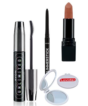 Avon Unlimited Mascara Black + Black Eyeliner + Marvellous Mocha Lipstick + Lovider Pocket Mirror
