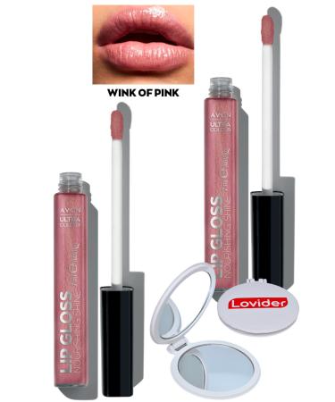 Avon Ultra Color Lip Gloss Nourishing Lip Gloss - Wink Of Pink 2 Pack + Lovider Pocket Mirror Gift