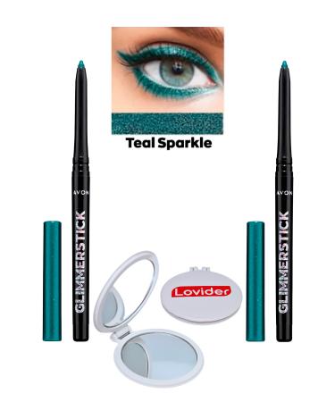 Avon Glimmerstick Lift Eyeliner Shimmer - Teal Sparkle 2 Pack + Lovider Pocket Mirror