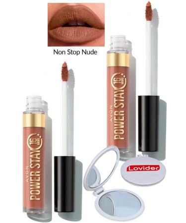 Avon Power Stay Liquid Matte Lipstick - Not Stop Nude 2 Pack + Lovider Pocket Mirror Gift