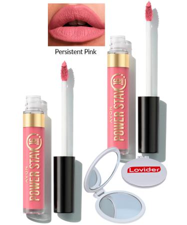 Avon Power Stay Liquid Matte Lipstick - Persistent Pink 2 Pack + Lovider Pocket Mirror Gift