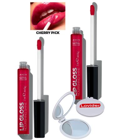 Avon Ultra Color Lip Gloss Nourishing Lip Gloss - Cherry Pick 2 Pack + Lovider Pocket Mirror Gift