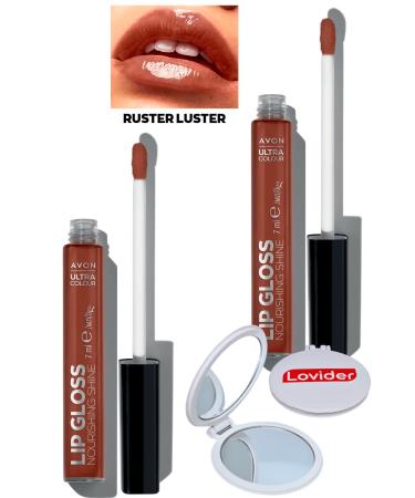 Avon Ultra Color Lip Gloss Nourishing Lip Gloss - Rusty Luster 2 Pack + Lovider Pocket Mirror