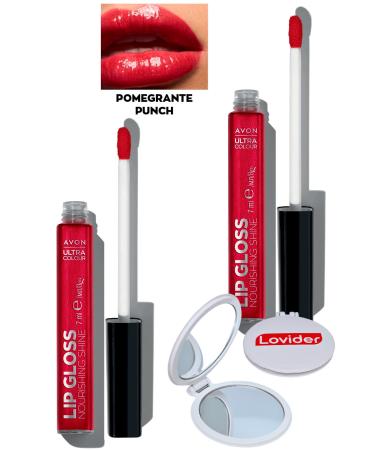 Avon Ultra Color Lip Gloss Nourishing Lip Gloss - Pomegranate Punch 2 Pack + Lovider Pocket Mirror