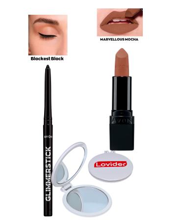 Avon Glimmerstick Lift Eyeliner Black + Matte Lipstick Marvellous Mocha + Lovider Pocket Mirror Gift