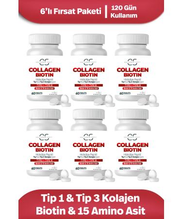 Collagen Soft 6 Pack Hydrolyzed Type 1 Type 3 Collagen Peptides Biotin and 15 Amino Acids Containing 60 Tablets
