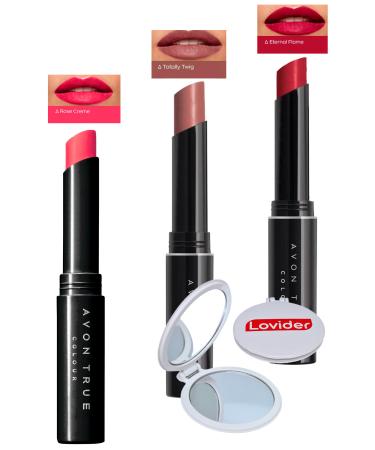 Avon Beauty 3-Pack Lipstick - Rose Creme + Totally Twig + Eternal Flame + Lovider Pocket Mirror