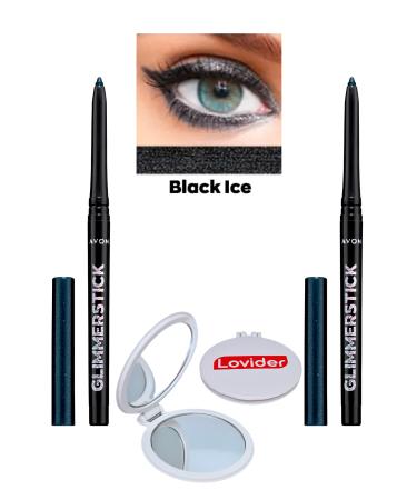 Avon Glimmerstick Lift Eyeliner Glitter - Black Ice 2 Pack + Lovider Pocket Mirror Gift