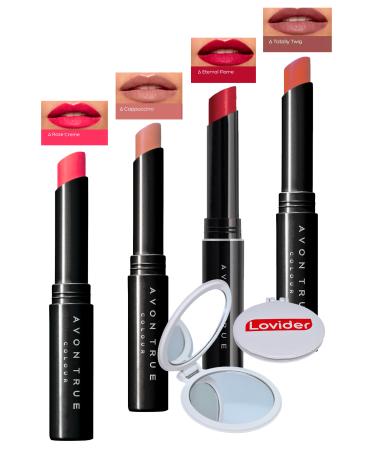 Avon Beauty 4-Piece Lipstick Pack - Rose Creme + Cappuccino + Eternal Flame + Totally Twig + Lovider Pocket Mirror