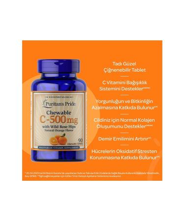 Puritan's Pride Vitamin C 500 Mg with Rose Hips 90 Chewable Tablet - UNFLAVORED - Buy Online on GoSupps.com
