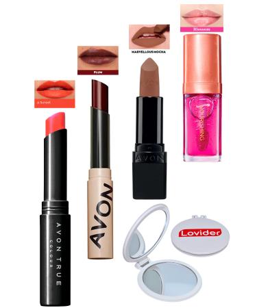 Avon Sunset Lipstick + Tinted Plum + Marvellous Mocha Matte Lipstick + Blossom Lip Oil + Lovider Pocket Mirror