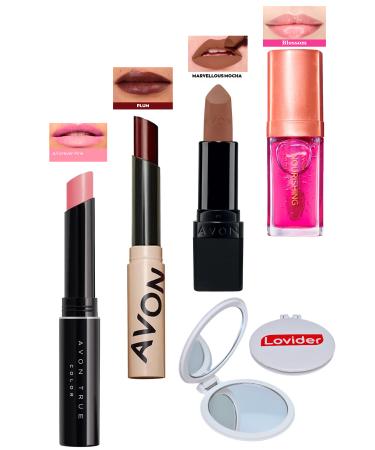 Avon Forever Pink Lipstick + Tinted Plum + Marvellous Mocha Matte Lipstick + Blossom Lip Oil + Lovider Pocket Mirror