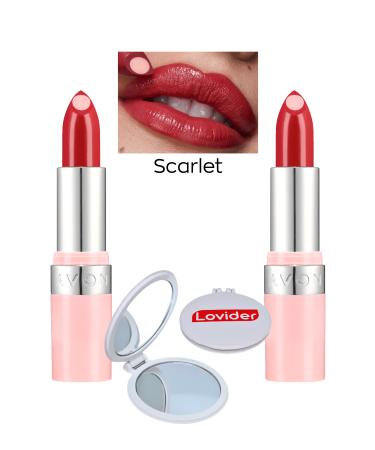 Avon Hydramatic Shiny Lipstick - Scarlet 2 Pack + Lovider Pocket Mirror Gift