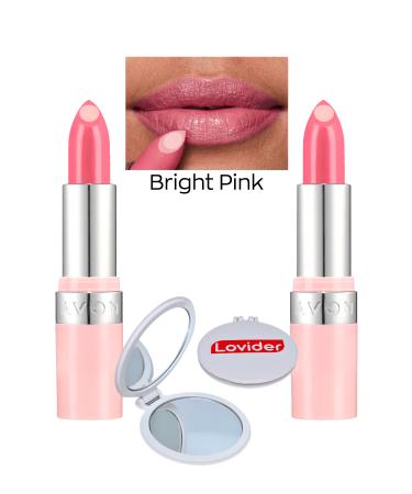Avon Hydramatic Shiny Lipstick - Bright Pink 2 Pack + Lovider Pocket Mirror Gift