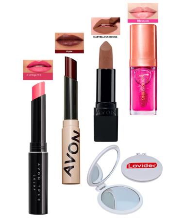 Avon Vintage Pink Lipstick + Tinted Plum + Marvellous Mocha Matte Lipstick + Blossom Lip Oil + Lovider Pocket Mirror
