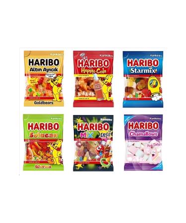 Haribo 6 LI (GOLDEN BEAR HAPPY COLA WORM FIZZ MIX STARMIX CHAM PINK&WHITE)