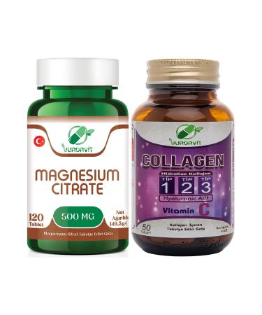 Yurdavit Magnesium Citrate 500 mg 120 Tablets and Hydrolyzed Collagen Type 1-2-3 50 Tablets