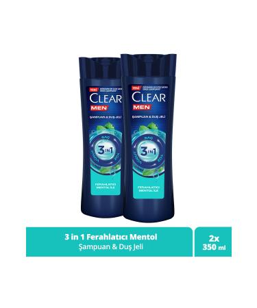 Clear Men 3 in 1 Shampoo & Shower Gel Refreshing Menthol For Hair Face Body 350 ml x2
