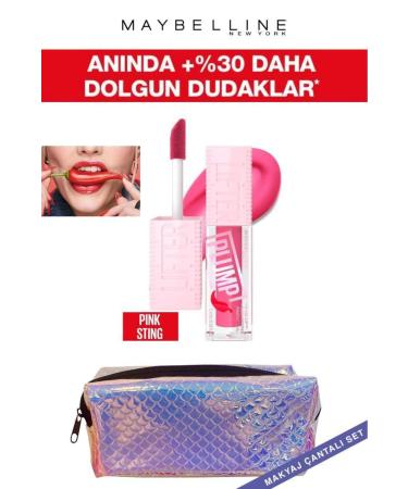 Maybelline New York Lifter Plump Lip Gloss- 003 Pink Sting Makeup Set with Bag