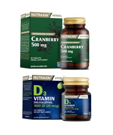 Nutraxin Cranberry Food Supplement Containing Cranberry 60 Tablets + Vitamin D3 120 Tablets