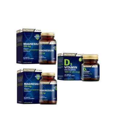 Nutraxin Magnesium 250 mg 60 Tablets X 2 Pieces + Vitamin D3 1000 Iu 120 Tablets