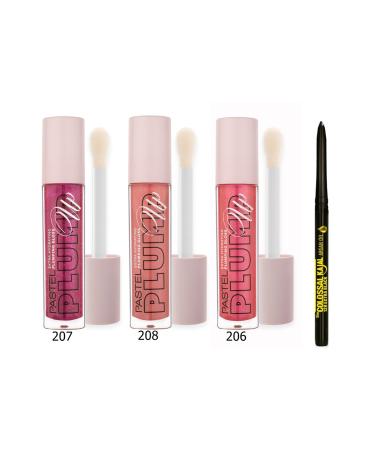 Pastel Plumping Lip Gloss 206 Chic + 207 Mariposa + 208 Shimmer Nude + Maybelline Pencil Black