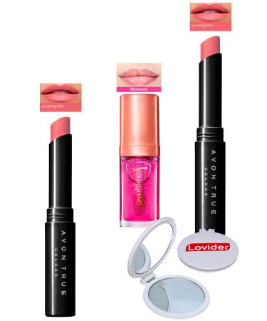 Avon Ultra Beauty Lipstick Lasting Pink 2 Pack + Blossom Lip Care Oil + Lovider Pocket Mirror