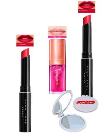 Avon Ultra Beauty Lipstick Frisky Red 2 Pack + Blossom Lip Care Oil + Lovider Pocket Mirror