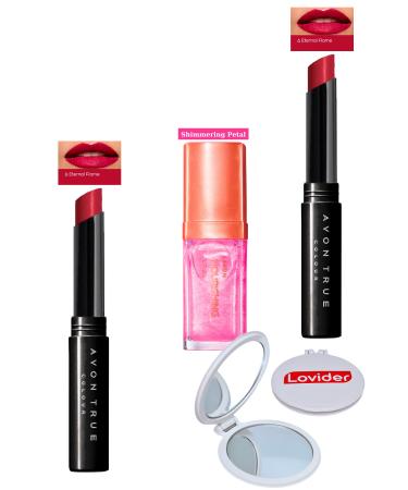 Avon Ultra Beauty Lipstick Eternal Flame 2 Pack + Shimmering Petal Lip Care Oil + Lovider Pocket Mirror