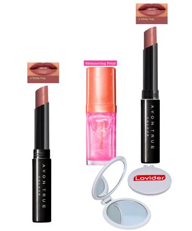 Avon Ultra Beauty Lipstick Totally Twig 2 Pack + Shimmering Petal Lip Care Oil + Lovider Pocket Mirror