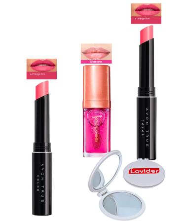 Avon Ultra Beauty Lipstick Vintage Pink 2 Pack + Blossom Lip Care Oil + Lovider Pocket Mirror