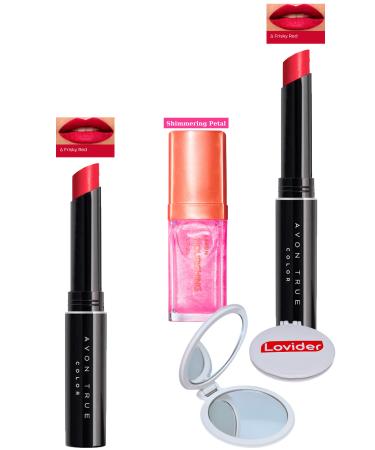 Avon Ultra Beauty Lipstick Frisky Red 2 Pack + Shimmering Petal Lip Care Oil + Pocket Mirror