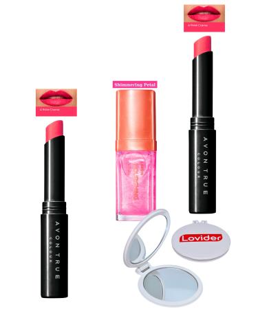 Avon Ultra Beauty Lipstick Rose Creme 2 Pack + Shimmering Petal Lip Care Oil + Lovider Pocket Mirror