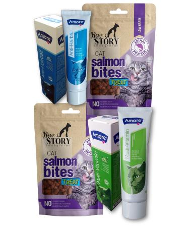 AMORE Anti Hairball Paste 100ml Multivitamin Malt Cat-Salmon-Bites 2x60gr Granular Salmon Cat Award