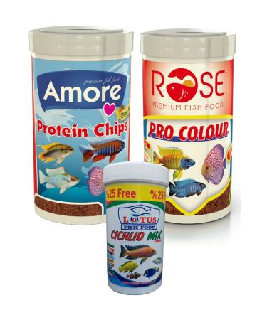 AMORE Protein Pro Flat Chips 250ml Rose Pro Colour 250ml Lotus Gum Mix 125ml Box Mixed Fish Food